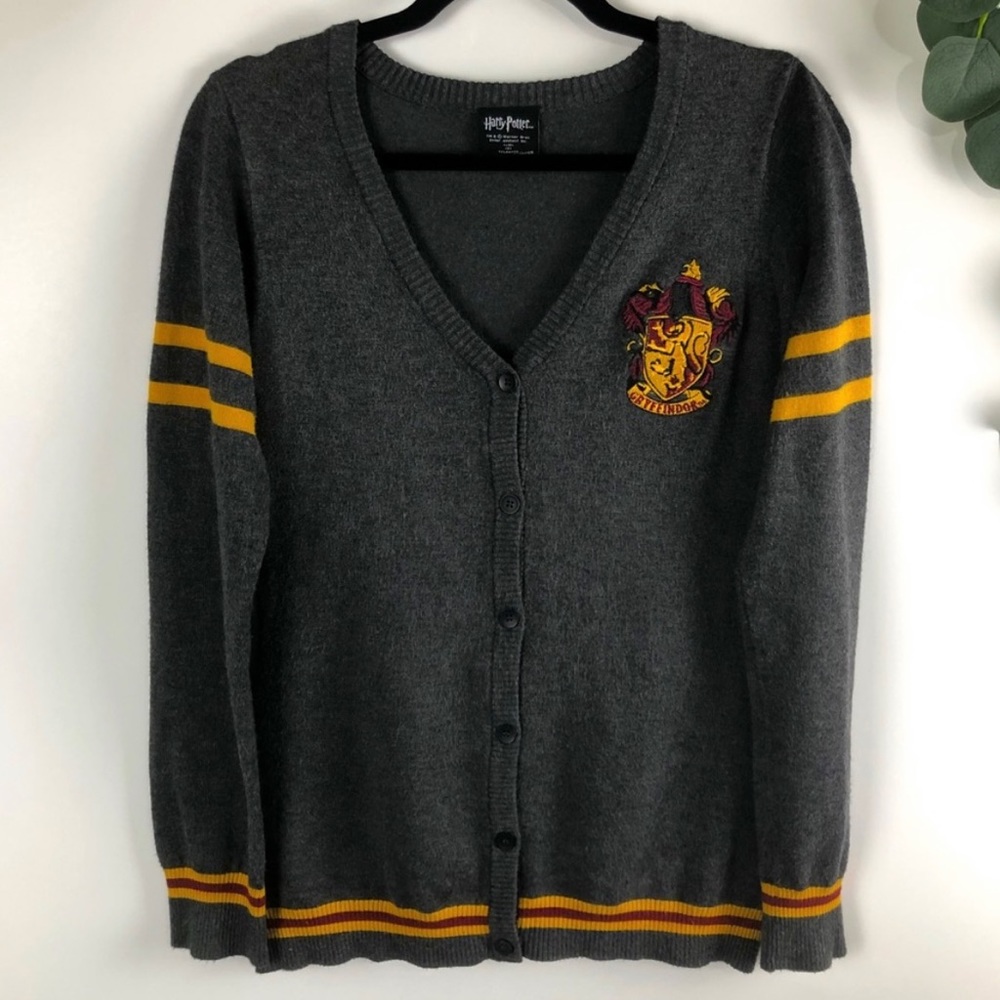 HARRY POTTER Gryffindor Crest Long Sleeve Button Down Cardigan, Gray, size Small